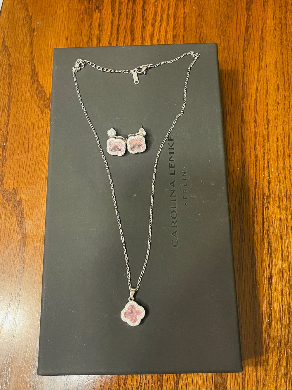 Pink Flower Pendant Necklace & Stud Earrings Set